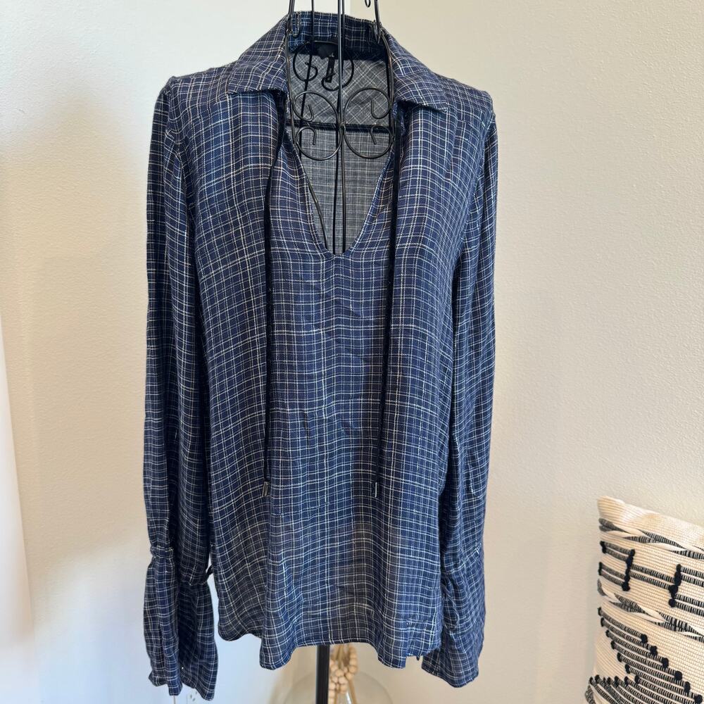 PAIGE Calissa Navy Plaid Flannel Peacoat Gunmetal Jimmy Check Top Medium - Picture 4 of 12